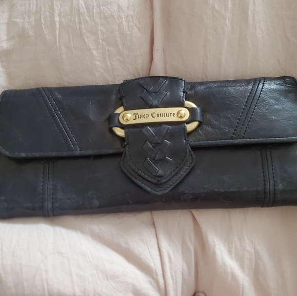Vintage Juicy Couture Black Leather Trifold Clutch Wallet.